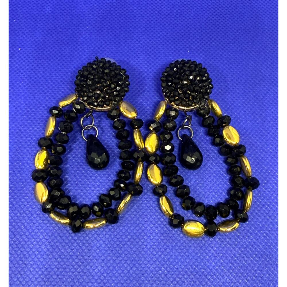 🧚🏻‍♀️ Handmade Black & Gold Beaded Drop Earrings Statement 2.75” Bold Chic